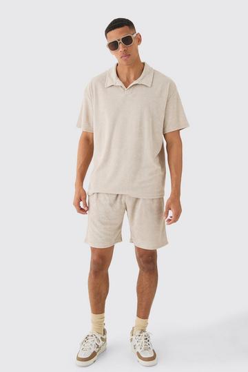 Stone Beige Oversized Revere Toweling Polo & Shorts Set