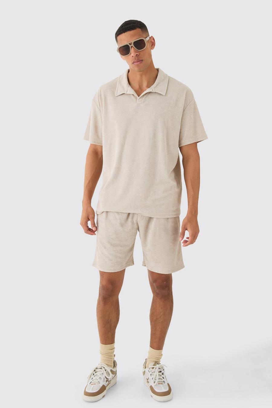 Oversize Frottee Poloshirt & Shorts, Stone