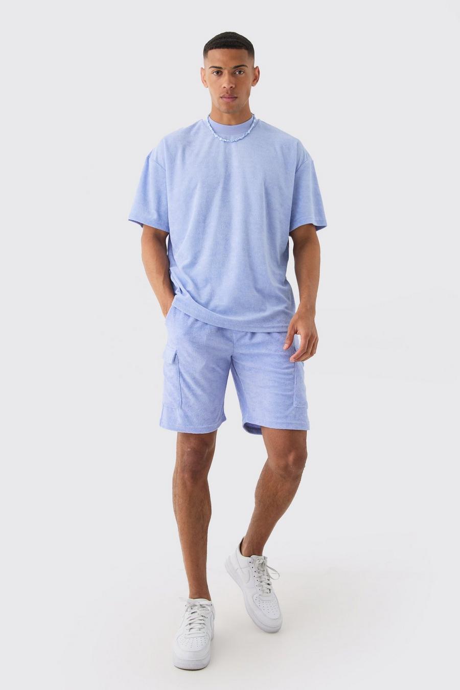 Dusty blue Oversized Badstoffen T-Shirt Met Brede Nek En Cargo Shorts