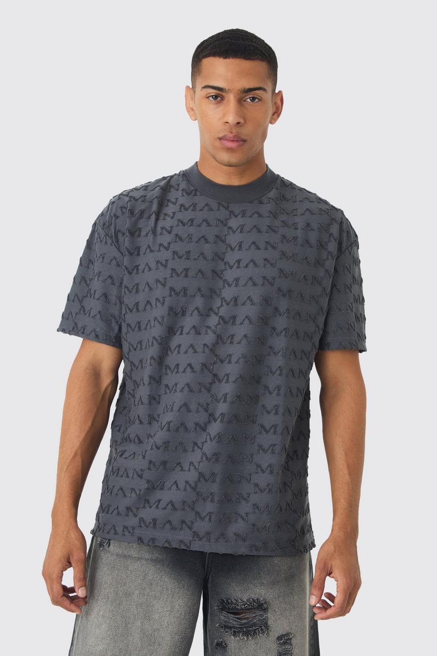 Charcoal Oversized Badstoffen Jacquard Man T-Shirt Met Brede Nek