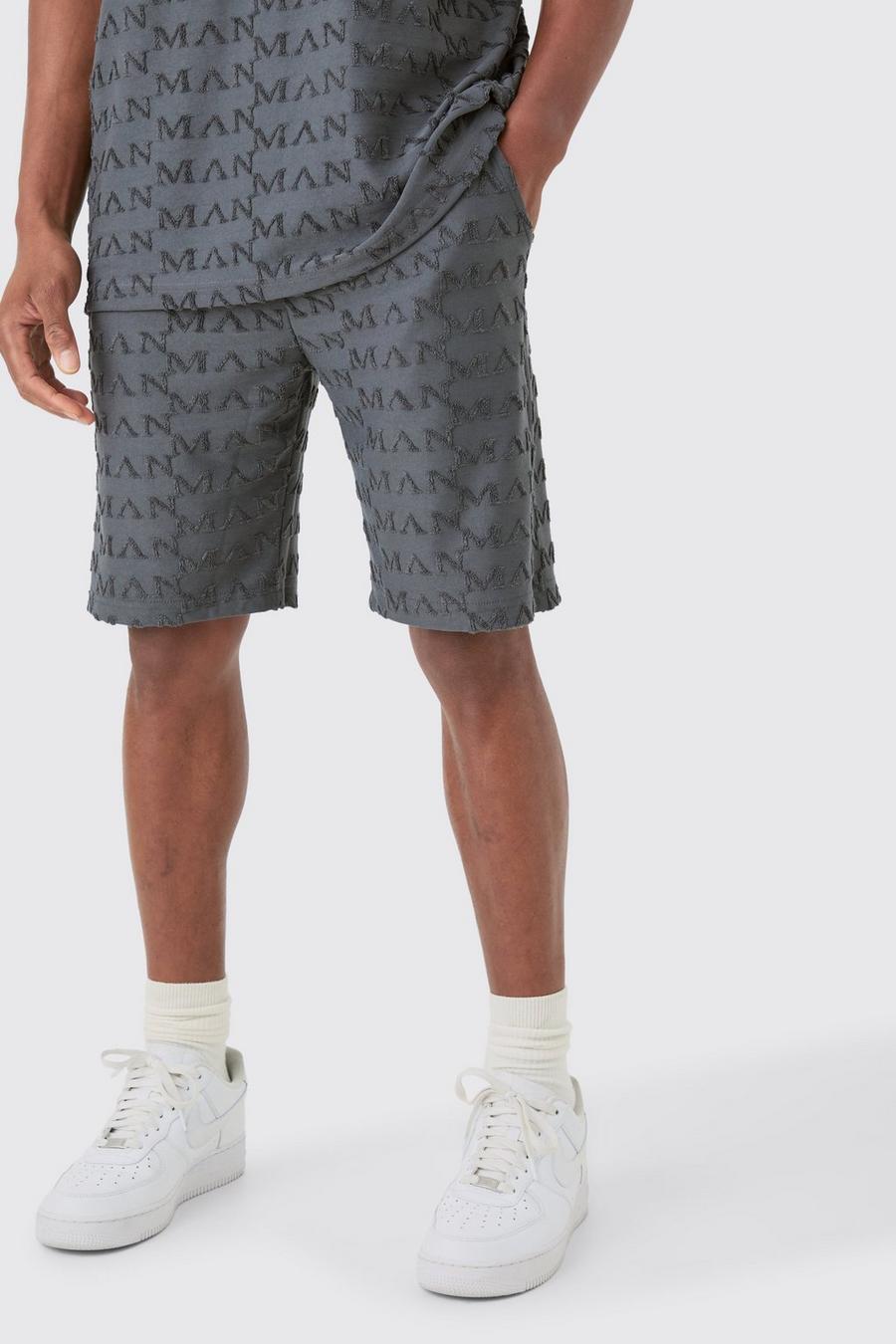 Charcoal Loose Fit Man Towelling Jacquard Shorts image number 1