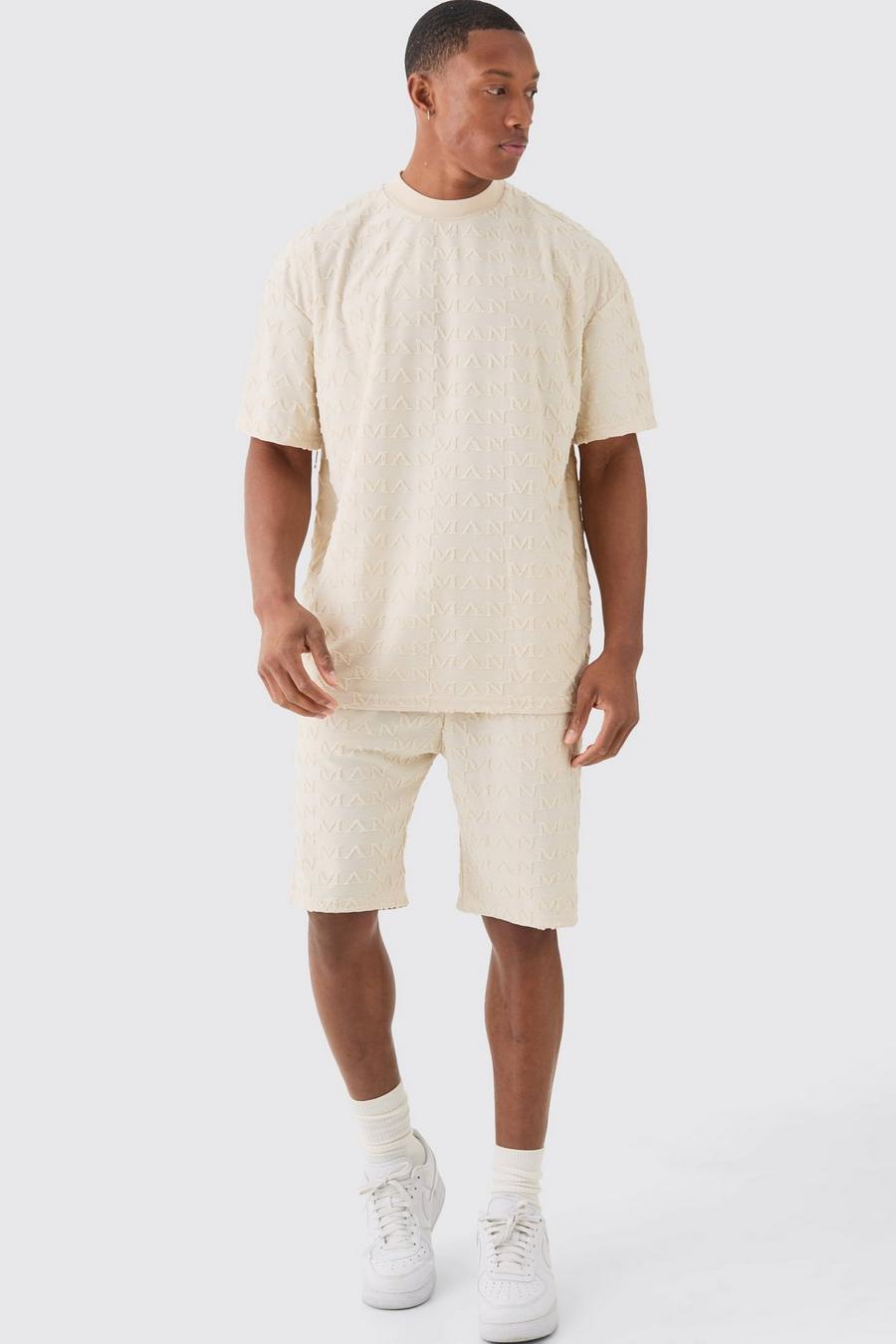 Beige Oversized Man Towelling Jacquard T-shirt & Shorts Set
