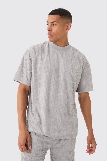 Oversized Extended Neck Geo Toweling Jacquard T-Shirt light grey