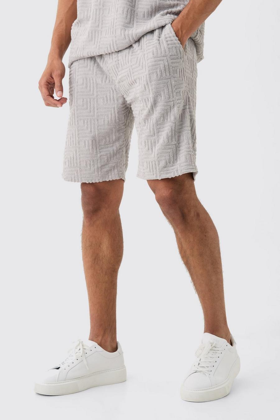Pantaloncini comodi in jacquard in spugna con motivi geometrici, Light grey