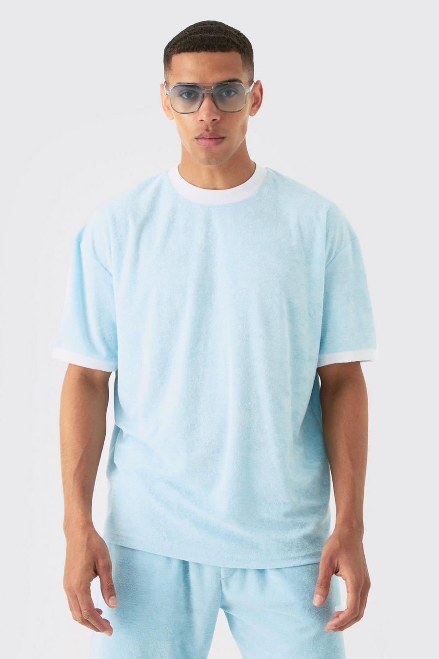 Light blue Oversized Contrasterend Badstoffen T-Shirt Met Brede Nek image number 1