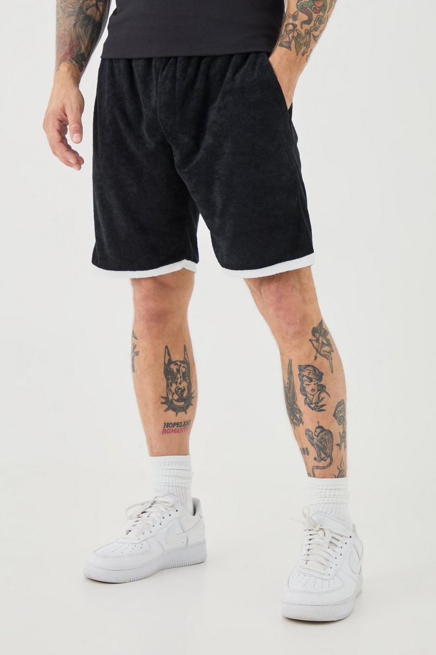 Black Relaxed Fit Mid Length Layered Towelling Shorts image number 1
