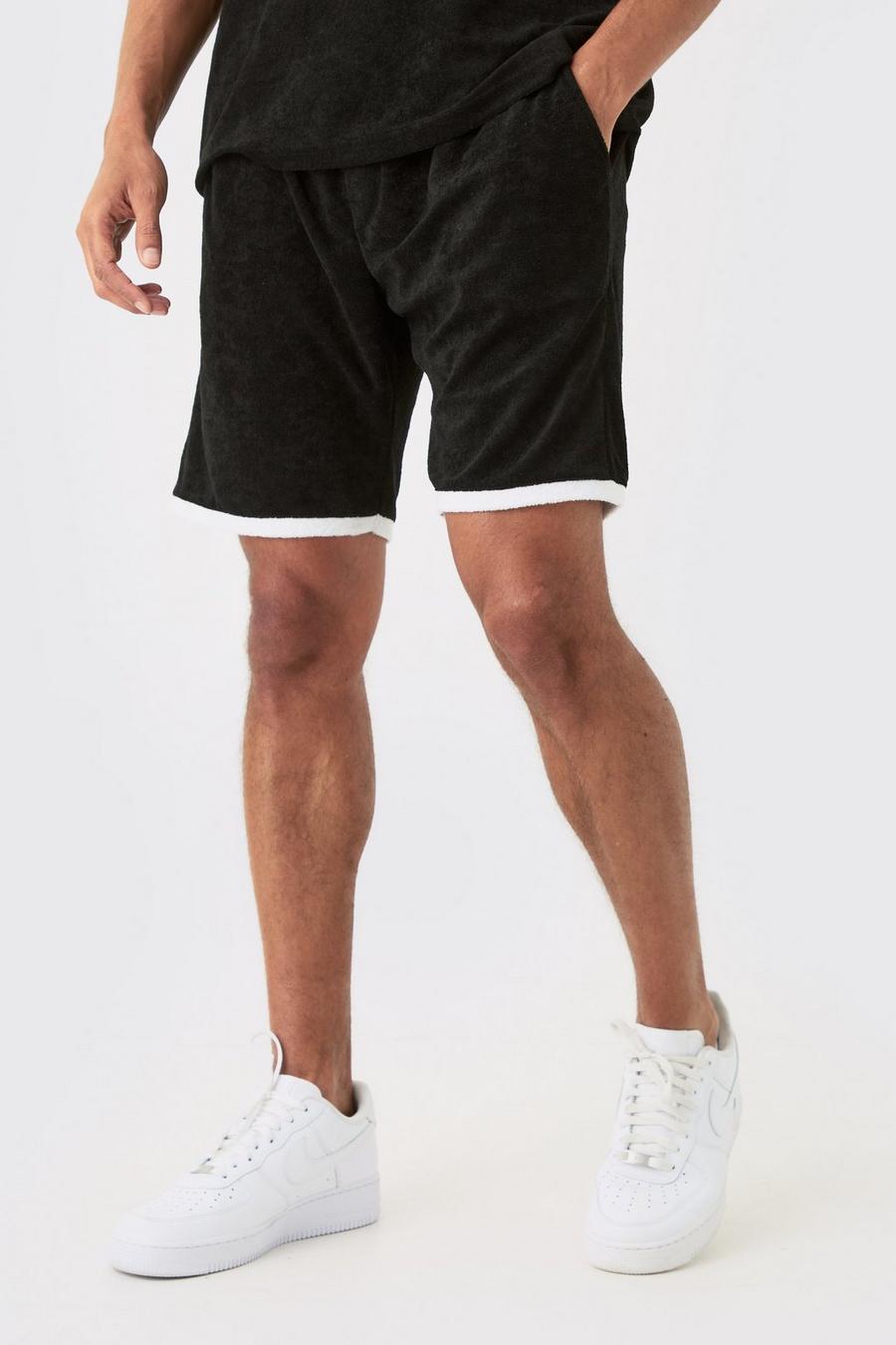 Black Relaxed Fit Mid Contrast Towelling Shorts