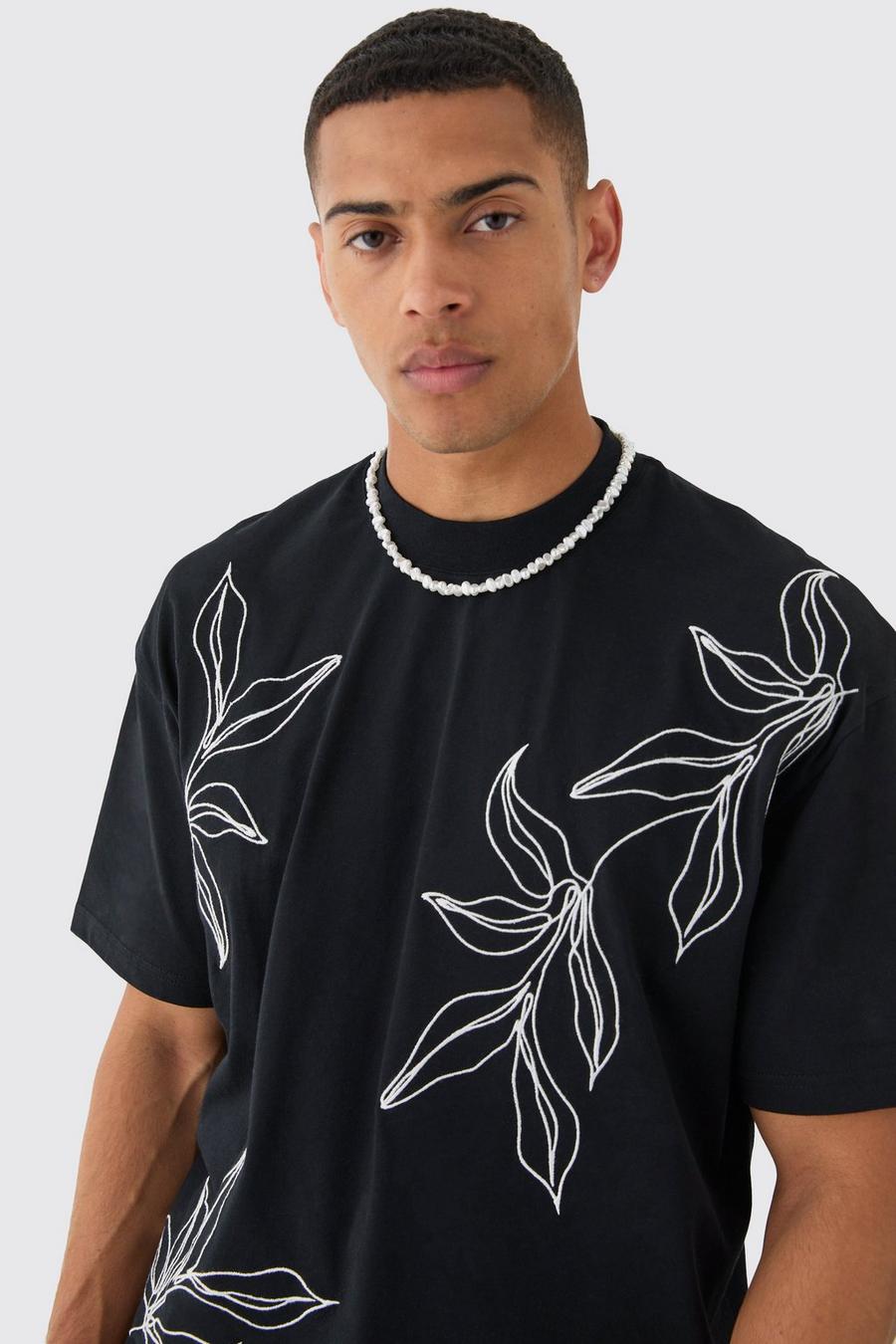 Black Oversized Boxy Extended Neck Floral Line Embroidered T-shirt image number 1