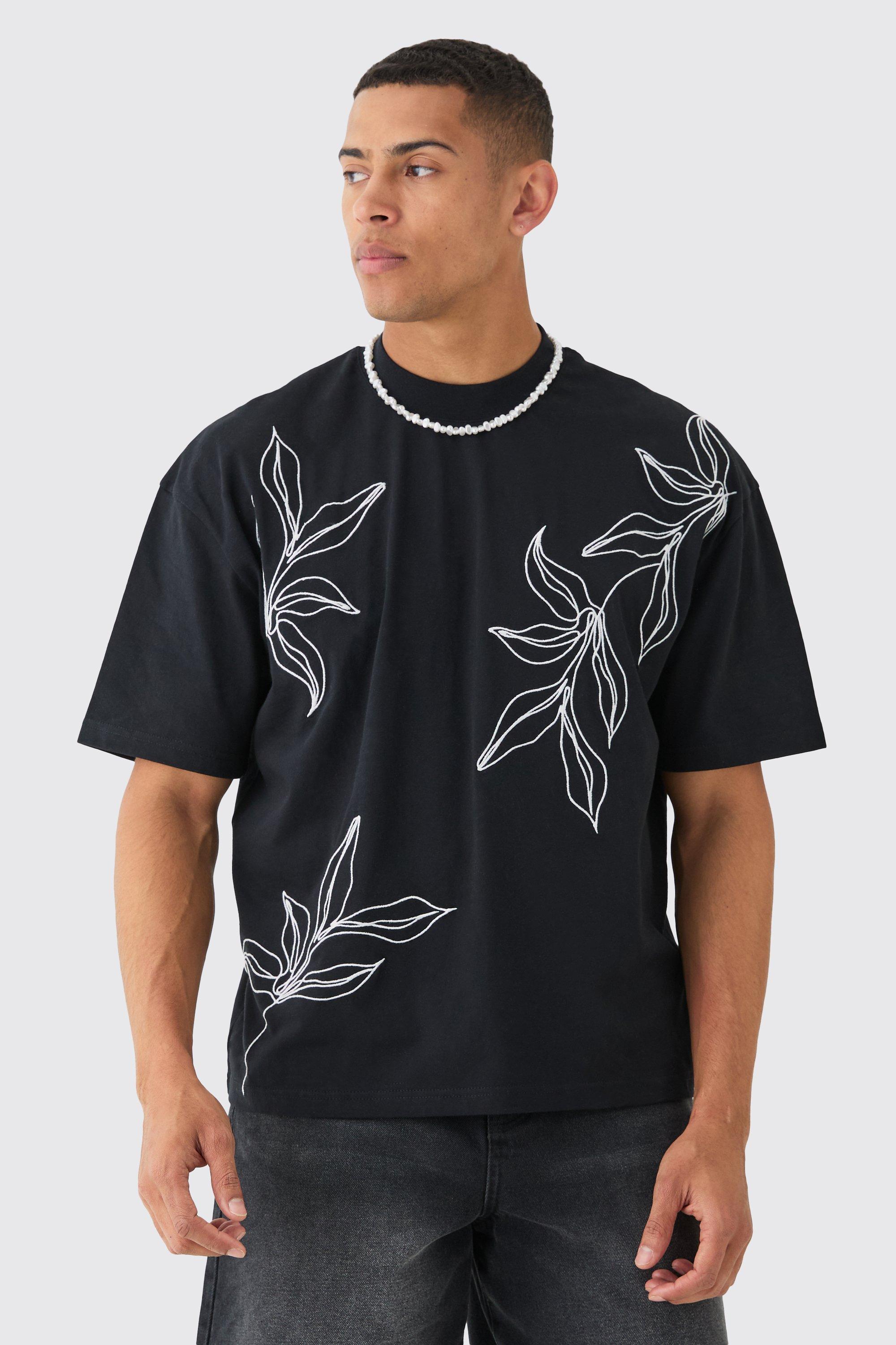 Oversized Boxy Extended Neck Floral Line Embroidered T shirt boohoo NZ