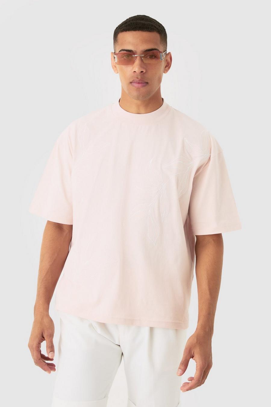 Light pink Oversized Geborduurd Boxy Bloemen T-Shirt Met Brede Nek