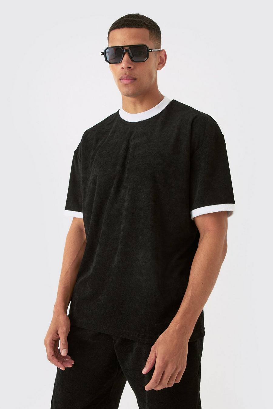 Black Oversized Extended Neck Contrast Towelling T-shirt image number 1