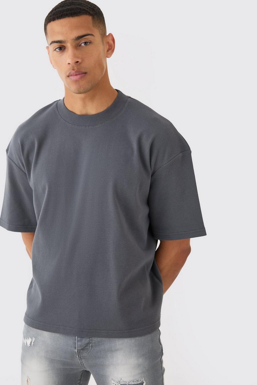 Camiseta oversize recta de canalé grueso con cuello extendido, Charcoal