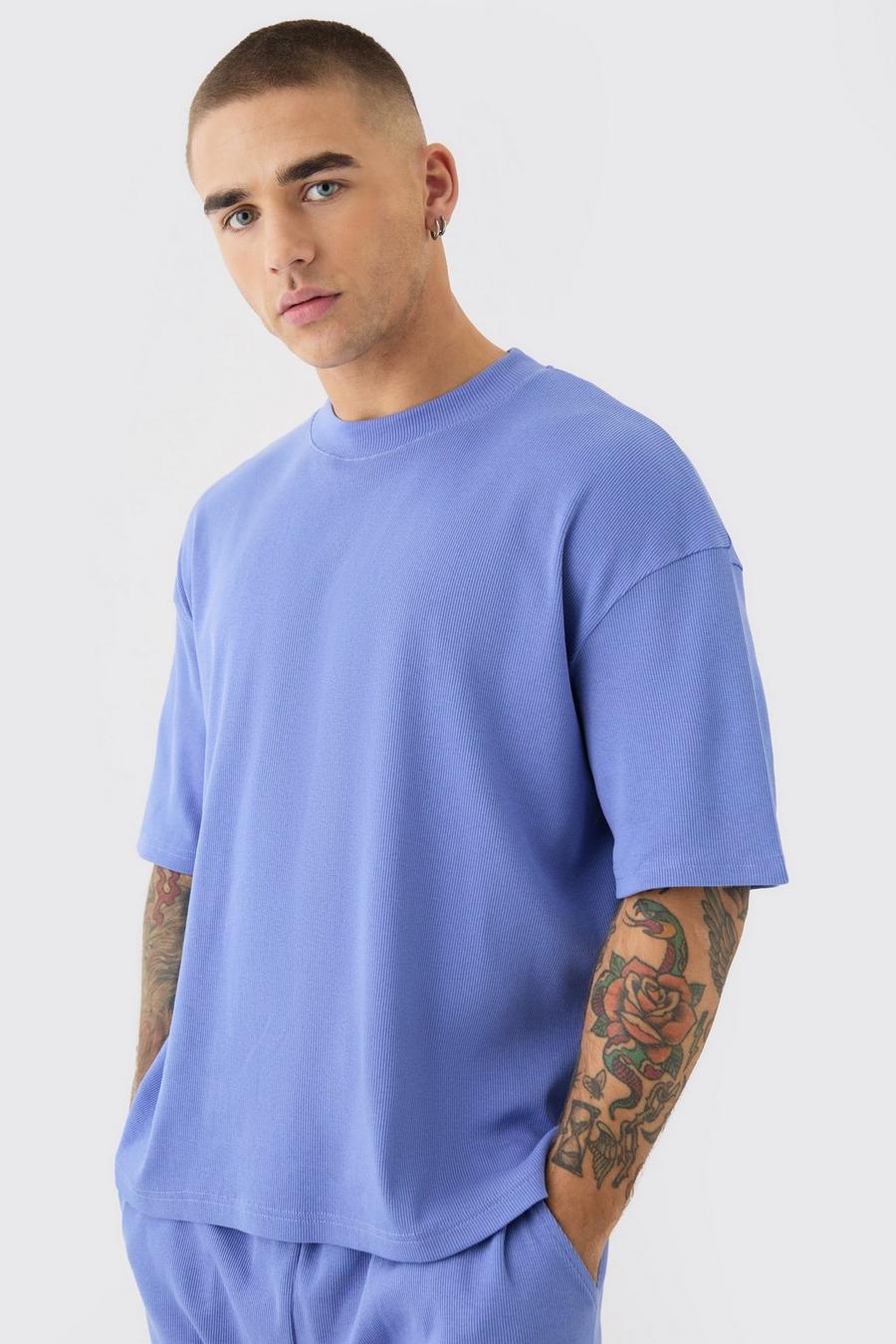 Blue Oversized Zwaar Geribbeld Boxy T-Shirt Met Brede Nek