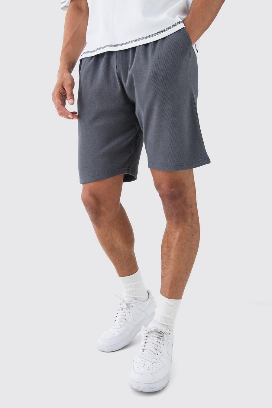Charcoal Loose Fit Mid Length Heavyweight Ribbed Shorts image number 1