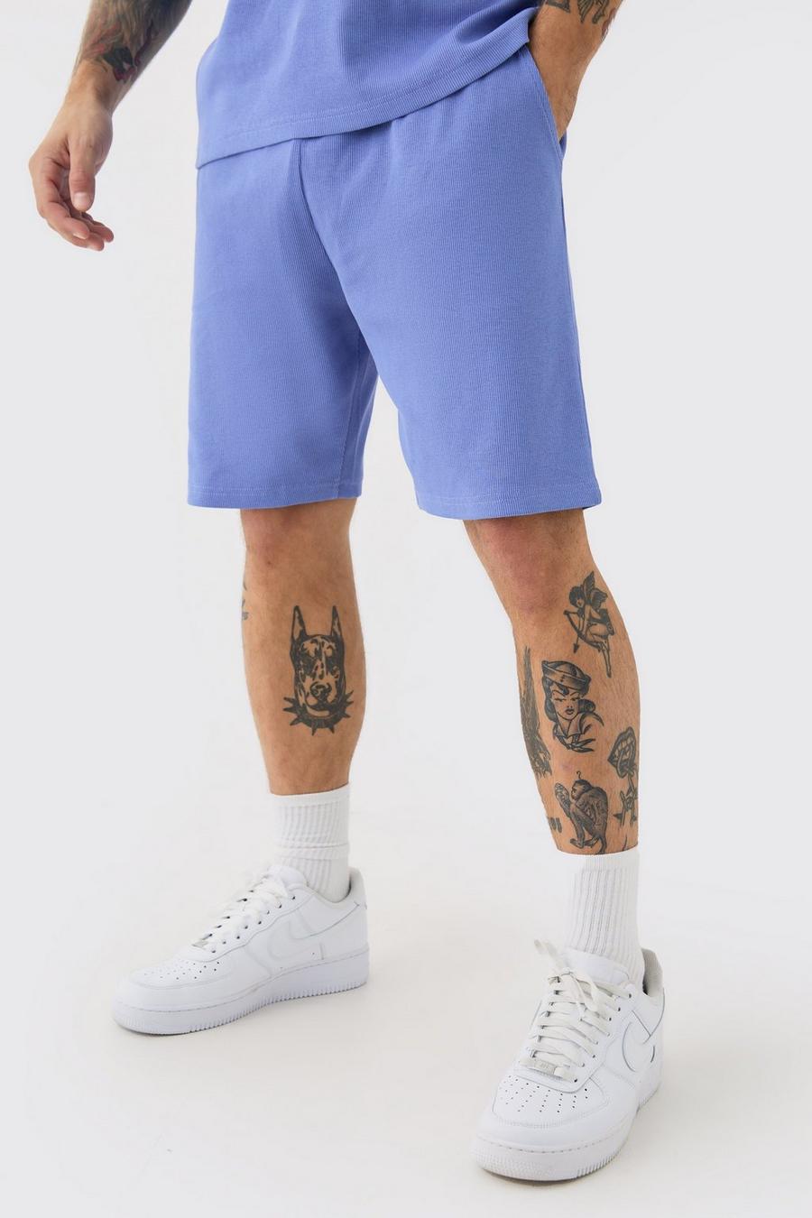 Blue Loose Fit Mid Length Heavyweight Ribbed Shorts image number 1