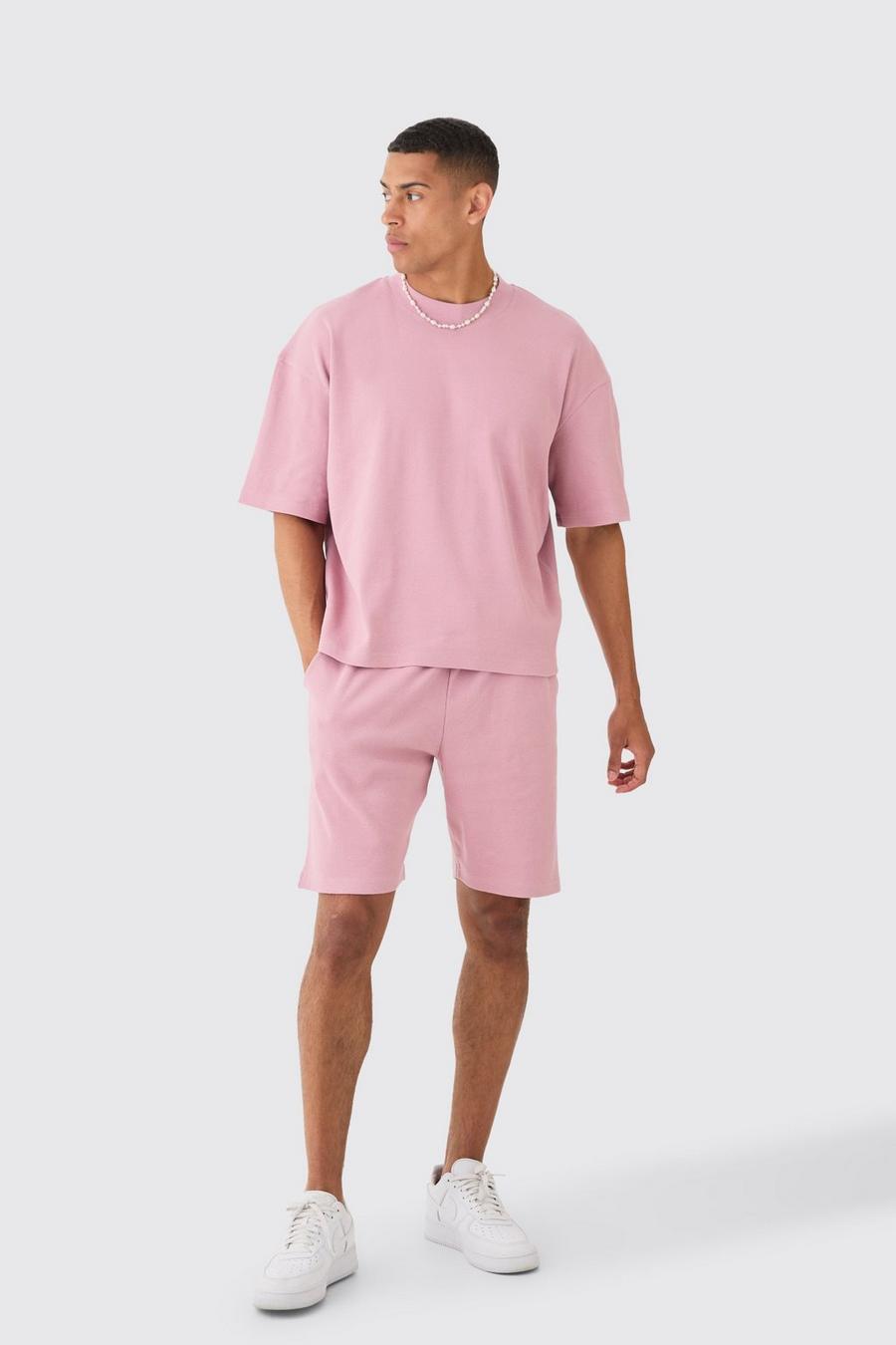 Pink Oversized Boxy Heavyweight Ribbed T-shirt & Shorts Set image number 1