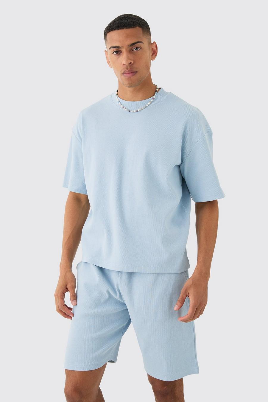 Ice blue Oversize ribbad t-shirt och shorts i tjockt tyg image number 1