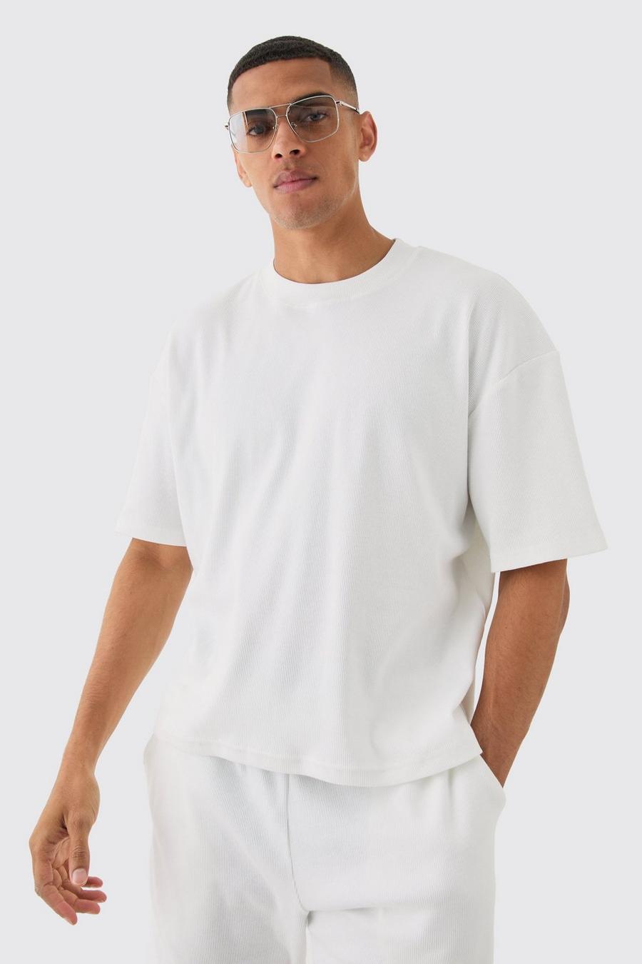 Camiseta oversize recta de canalé grueso con cuello extendido, Ecru