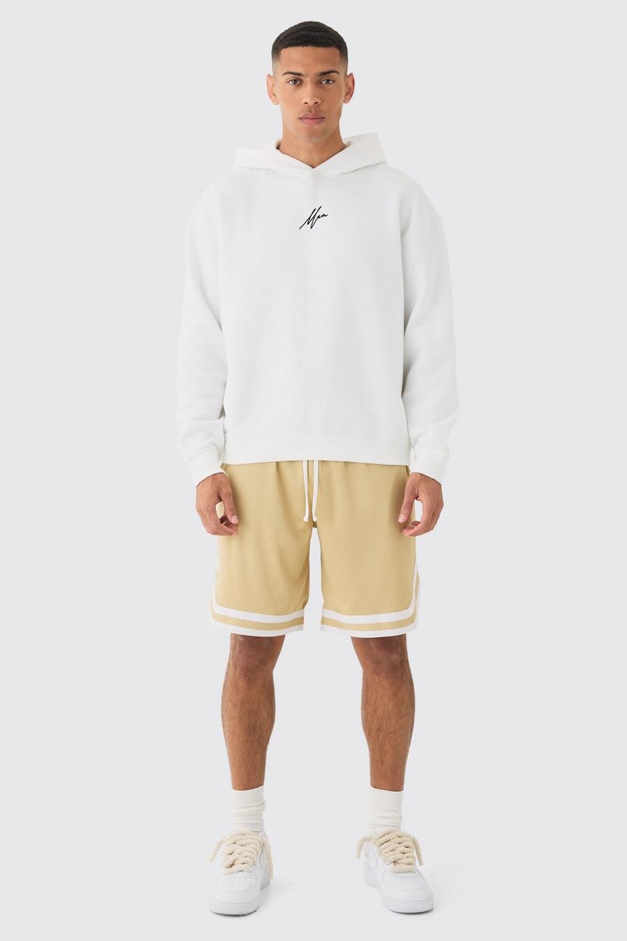 Oversize Man Signature Hoodie und Basketball-Shorts, White image number 1