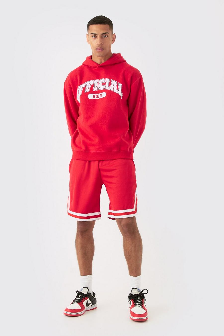 Chándal oversize de pantalón corto de baloncesto y sudadera con capucha universitaria Official, Red