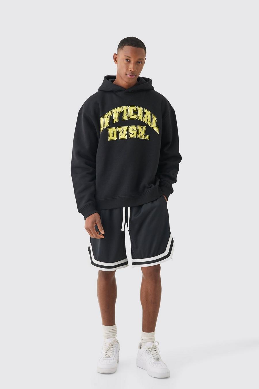 Conjunto oversize de pantalón corto de baloncesto y sudadera con capucha universitaria Official, Black image number 1