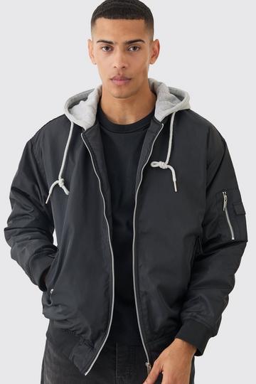 Black Oversized Hooded Ma1 Bomber Jacket In Black