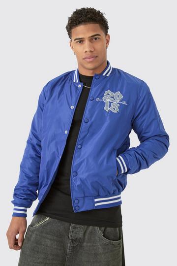 Blue Official Badge Nylon Varsity Bomber Jacket In Blue