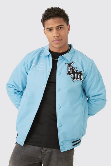 Blue Nylon BM Badge Collared Varsity Bomber In Blue