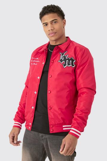 Nylon BM Badge Collared Varsity Bomber In Red red