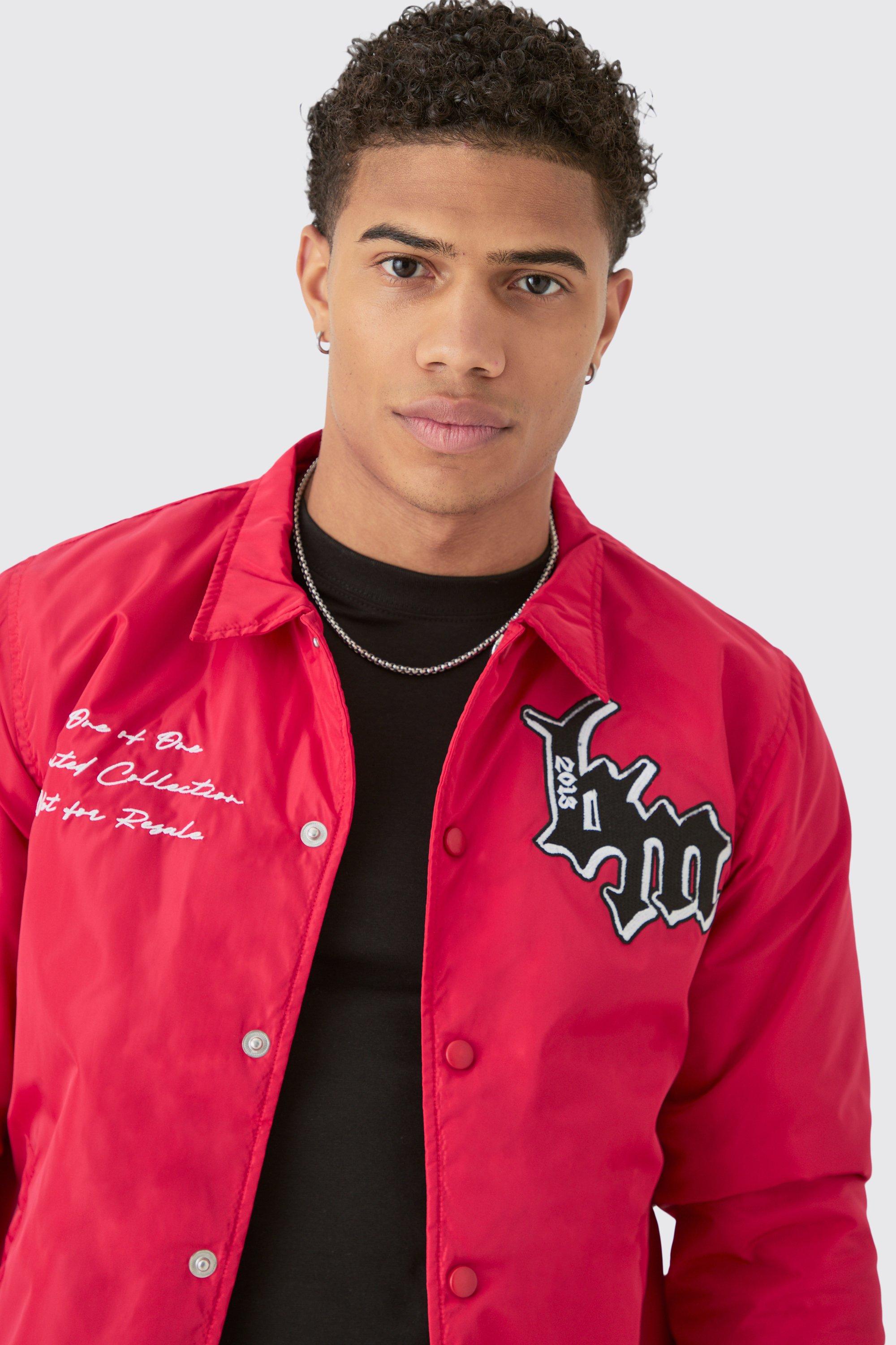 Nylon BM Badge Collared Varsity Bomber Jacket In Red