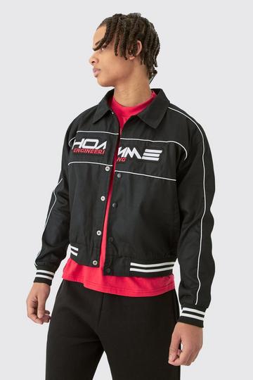 Black Boxy Twill Moto Collared Bomber Jacket In Black