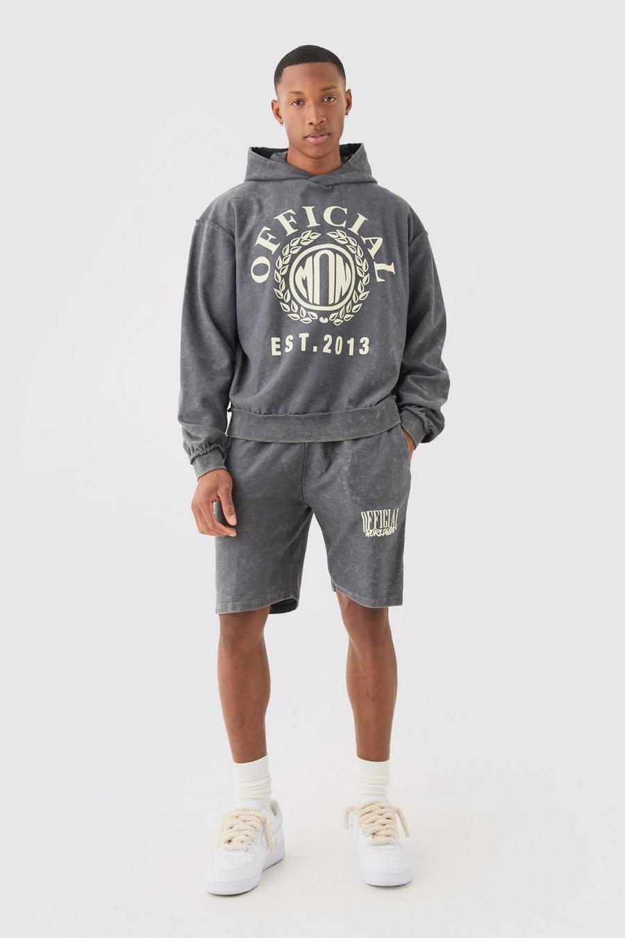 Charcoal Oversized Boxy Reverse Loopback Printed Hoodie Short Tracksuit image number 1
