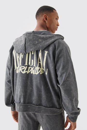 Charcoal Grey Oversized Boxy Reverse Loopback Printed Zip Through Hoodie