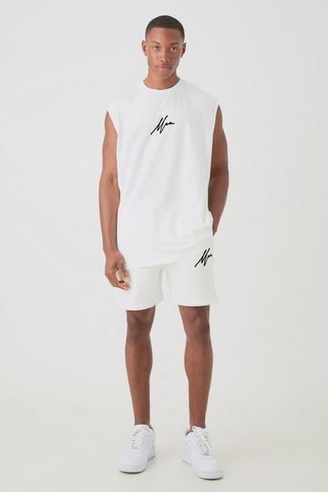 Oversized Man Flock Printed Tank & Short Set ecru