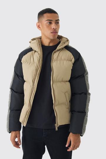 Worldwide Hooded Colour Block Puffer Coat In Stone stone