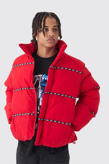 Man Tape Funnel Neck Puffer Coat In Red red