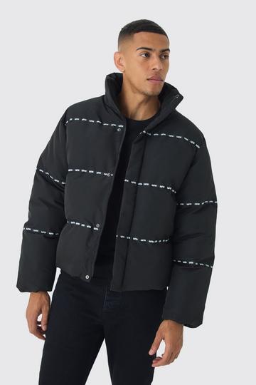 Man Oversized Gestreepte Gewatteerde Jas Met Hoge Kraag In Zwart black