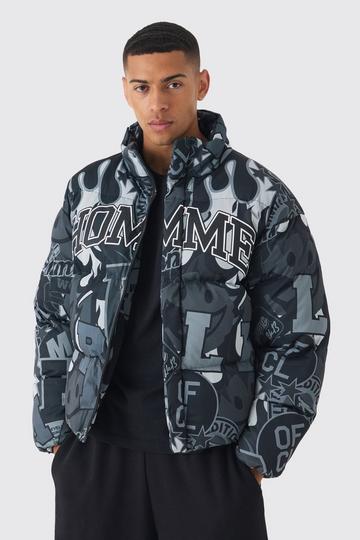 Black Homme Printed Funnel Neck Mesh Puffer Coat In Black