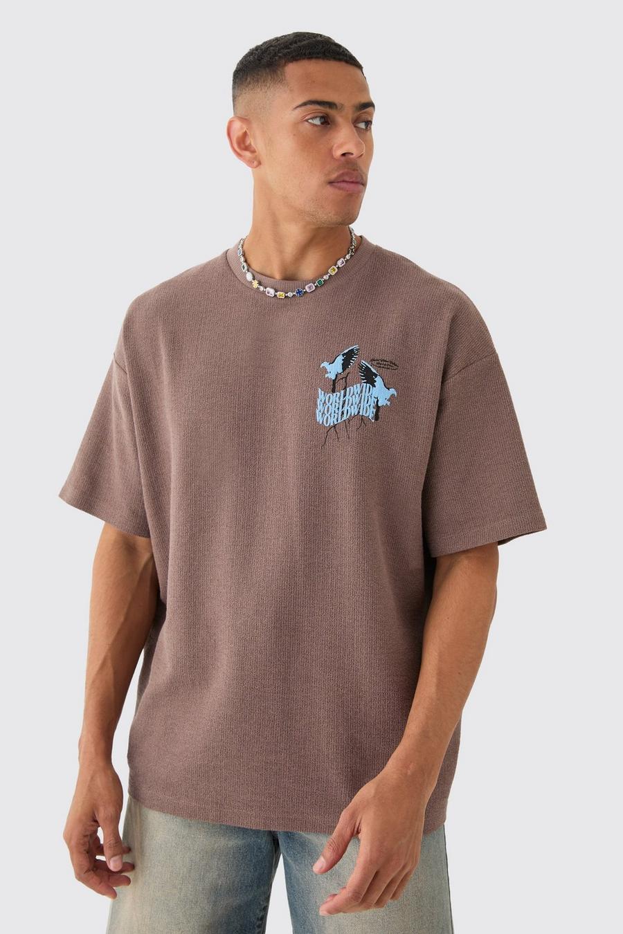 Camiseta oversize de jacquard con estampado en relieve, Chocolate