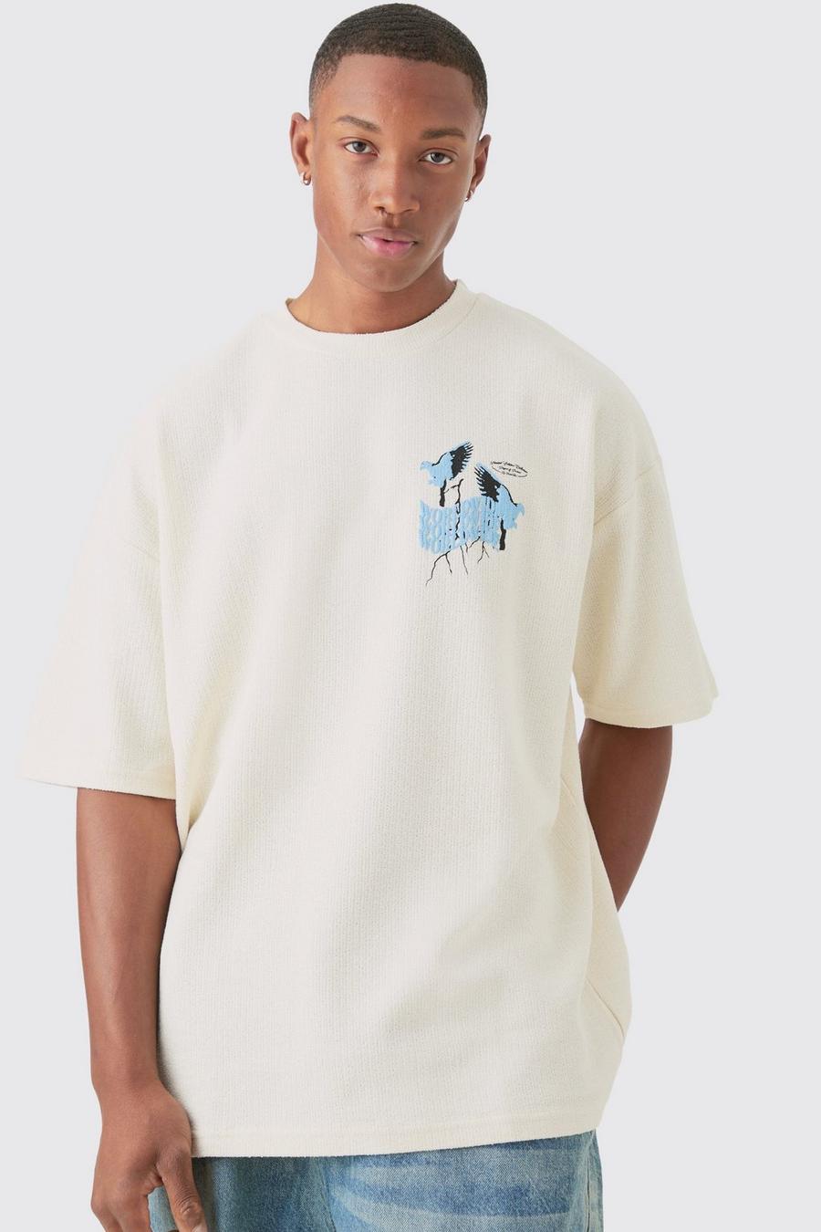 Ecru Oversized Jacquard Interlock T-Shirt Met Reliëf image number 1