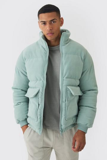 Fleece Funnel Neck Puffer Coat In Sage sage