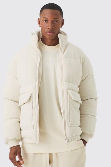 Fleece Funnel Neck Puffer Coat In Ecru ecru