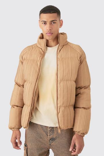 Beige Pleated Funnel Neck Puffer Coat In Camel