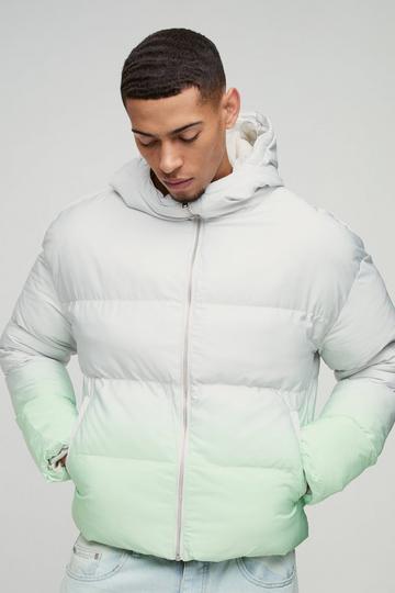 White Boxy Ombre Hooded Puffer Coat In Ecru