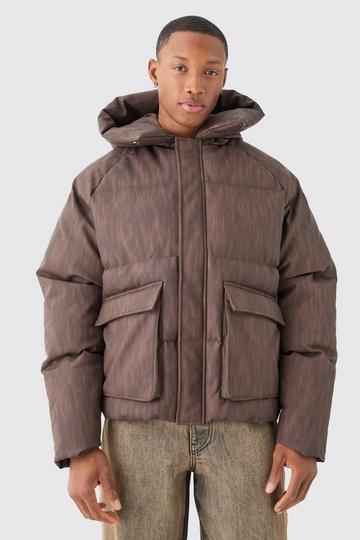 Brown Oversized Boxy Washed Pu Hooded Puffer Coat In Brown