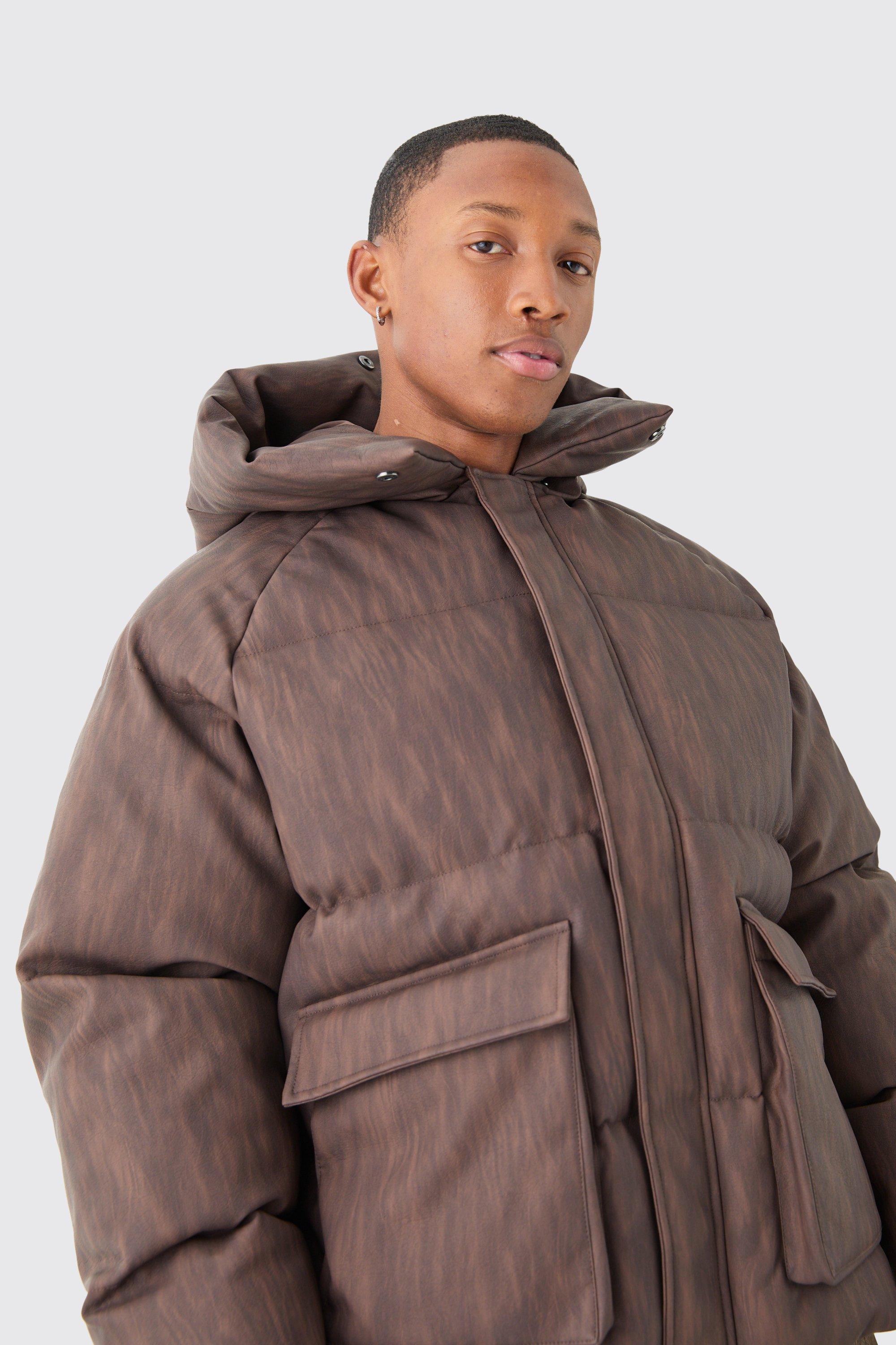 boohooMAN Men s Oversized Boxy Washed Pu Hooded Puffer Coat In Brown