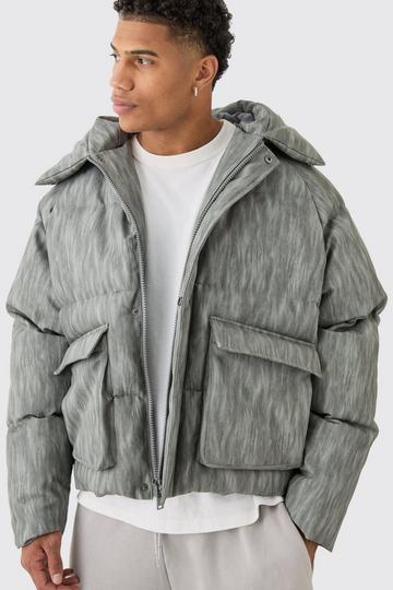 Oversized Boxy Washed Pu Hooded Puffer Coat In Grey grey