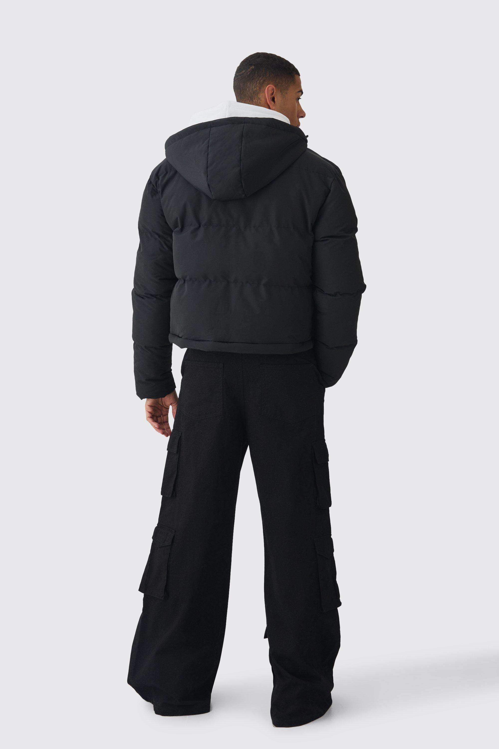 Boohoo longline padded coat with hood in black clearance