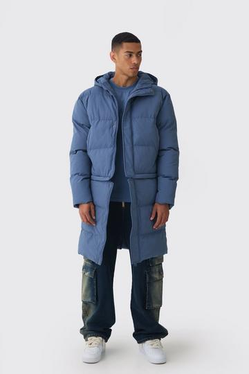 2 In 1 Zip Off Longline Puffer Coat In Dusty Blue dusty blue