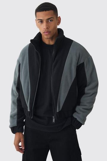 Boxy Color Block Funnel Neck Fleece Jacket In Black black